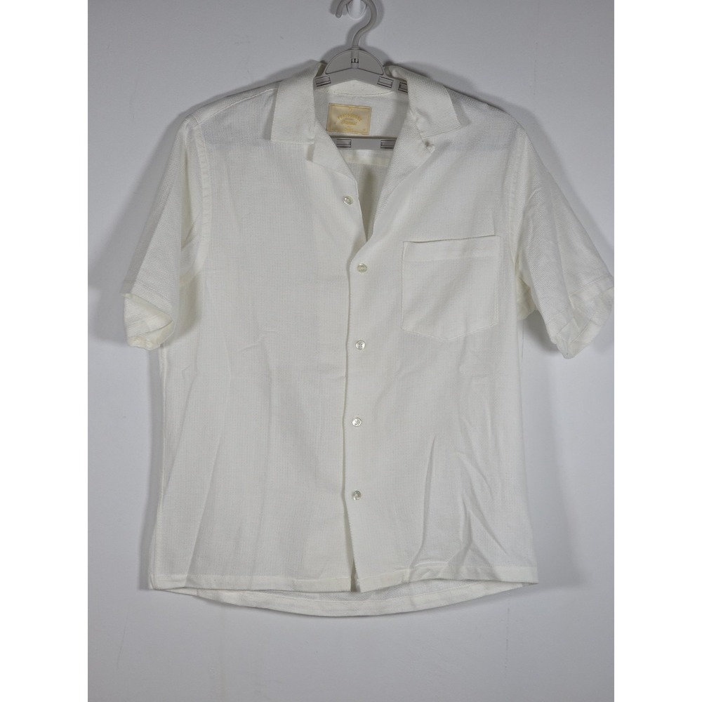 Portuguese Flannel Mens Medium Camp Shirt Beige Short Sleeve Pocket Loop Collar